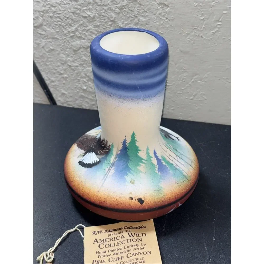 RWA Eagles Hand Printed Native American Handmade Pottery Vase 5.5” Tall 1999